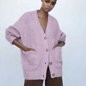 ZARA Oversized Cardigan Jacket Sz S Patch Pocket Knit Blogger Fav. Lilac Mauve